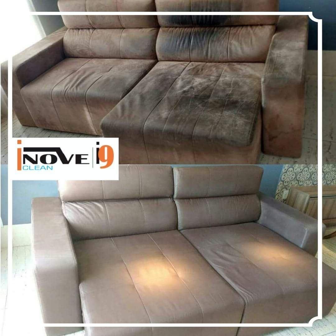 Sofá em suede antes e depois da higienização profissional Inove Clean