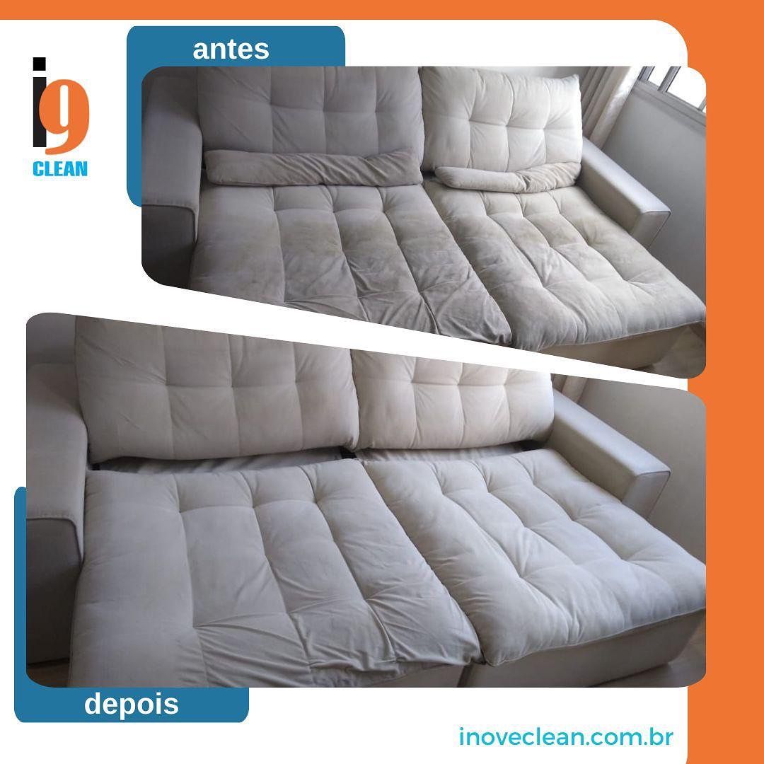 Sofá retrátil antes e depois da higienização profissional Inove Clean
